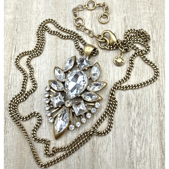 J Crew Necklace 30" Crystal Rhinestone Teardrop Pendant Antiqued Gold Tone - Picture 2 of 6